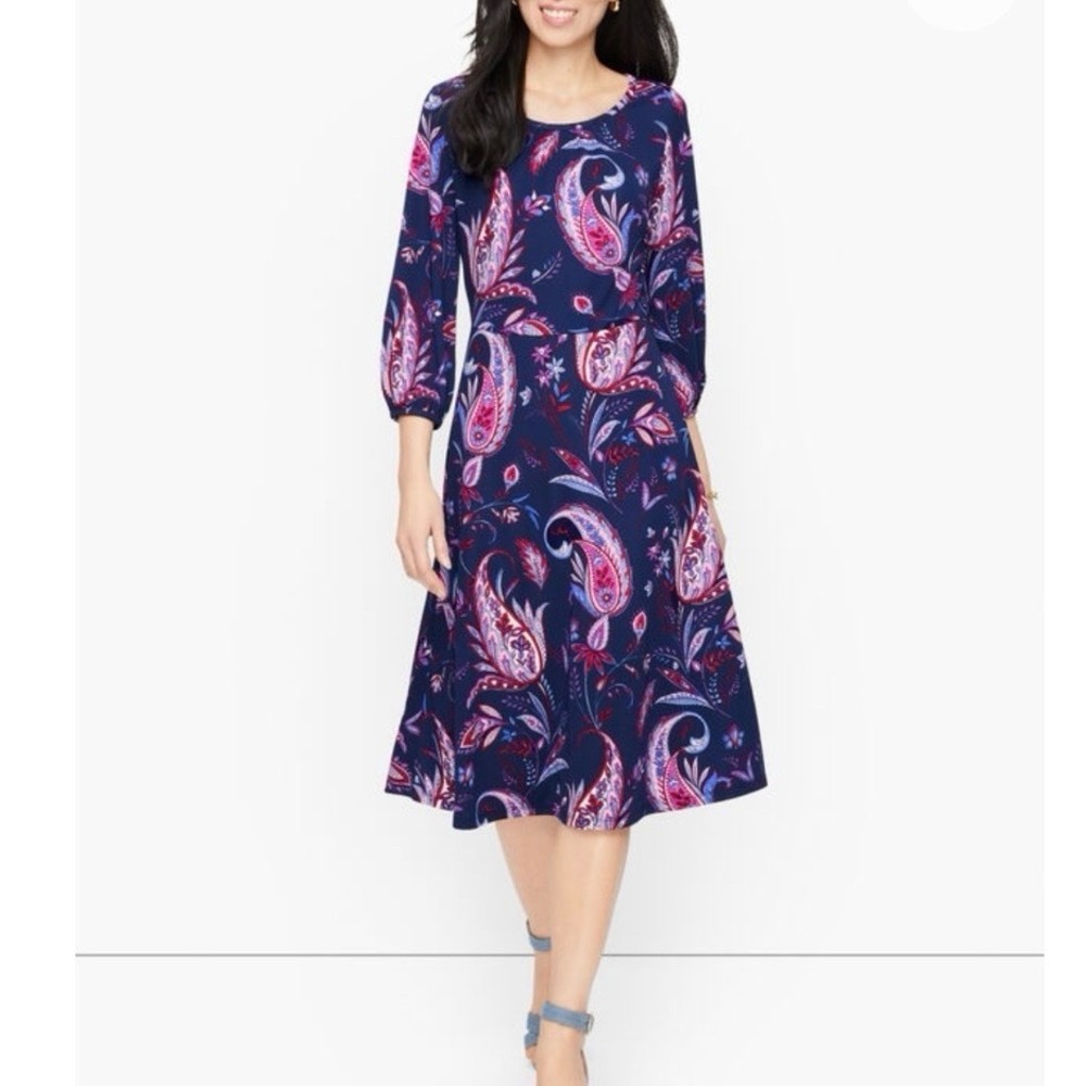 Talbots Purple Winding Paisley Stretch Jersey Knit Midi Dress Size 12